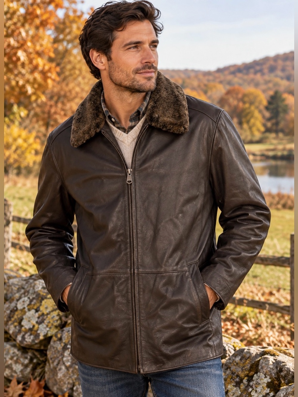 Marc New York Andrew Marc Mens M Brown Leather Jacket Removable Fur Collar Coat